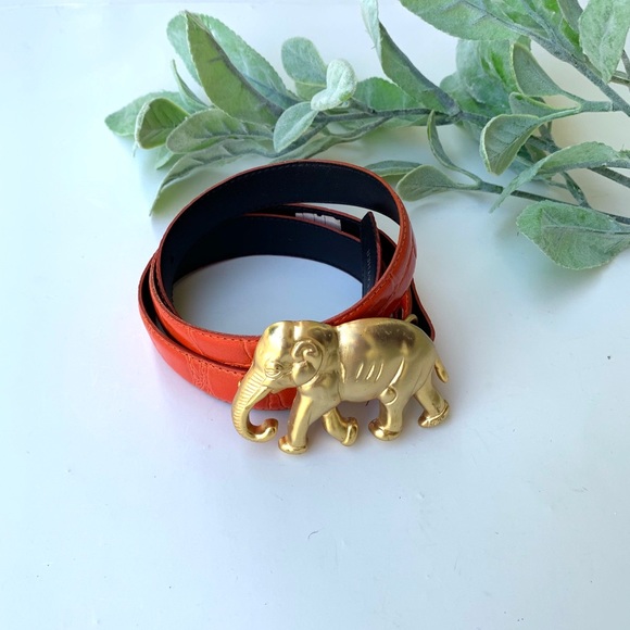 Vintage Accessories - Vintage Genuine Leather Orange Gold Elephant Belt